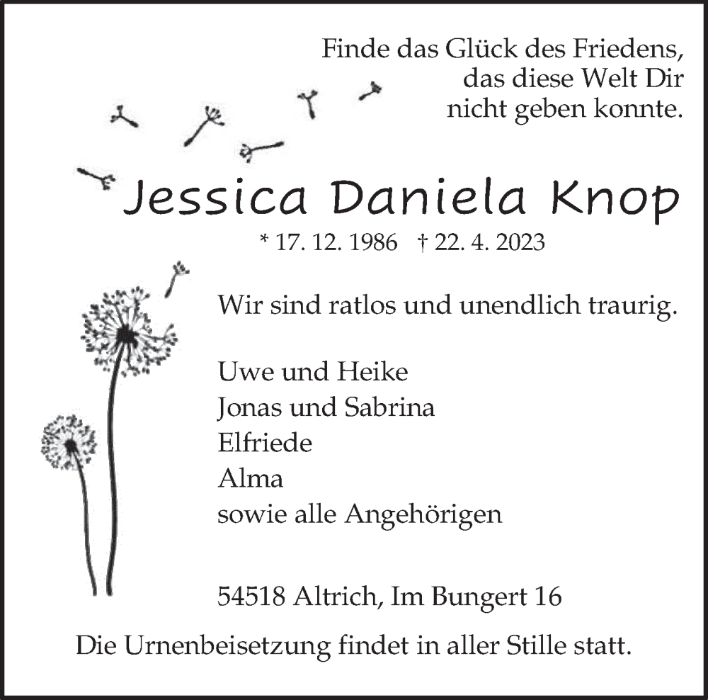 Traueranzeige für Jessica Daniela Knop vom 29.04.2023 aus trierischer_volksfreund