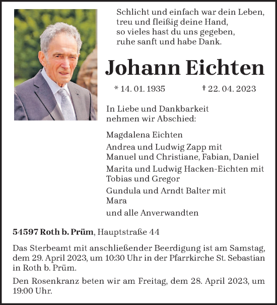 Traueranzeige von Johann Eichten von trierischer_volksfreund