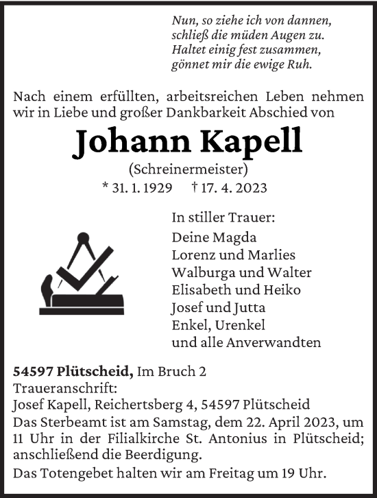 Traueranzeige von Johann Kapell von trierischer_volksfreund