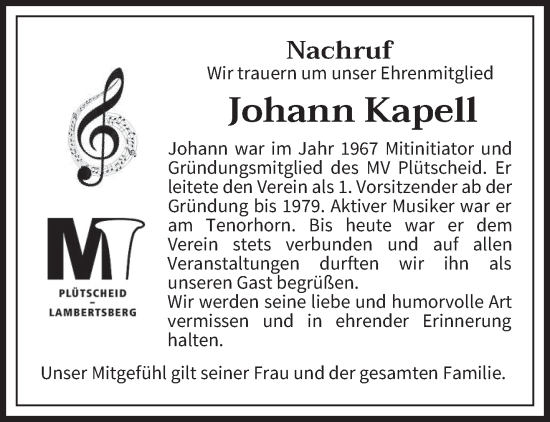 Traueranzeige von Johann Kapell von trierischer_volksfreund