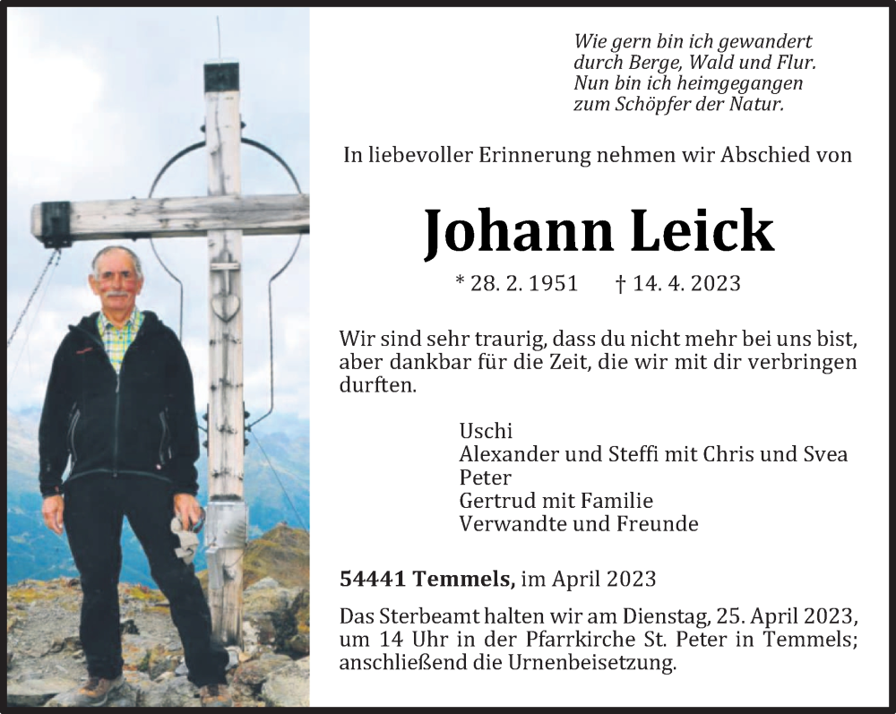  Traueranzeige für Johann Leick vom 22.04.2023 aus trierischer_volksfreund