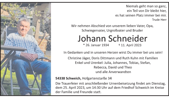 Traueranzeige von Johann Schneider von trierischer_volksfreund