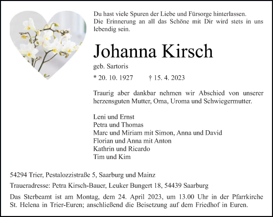 Traueranzeige von Johanna Kirsch von trierischer_volksfreund
