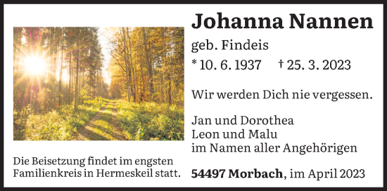 Traueranzeige von Johanna Nannen von trierischer_volksfreund