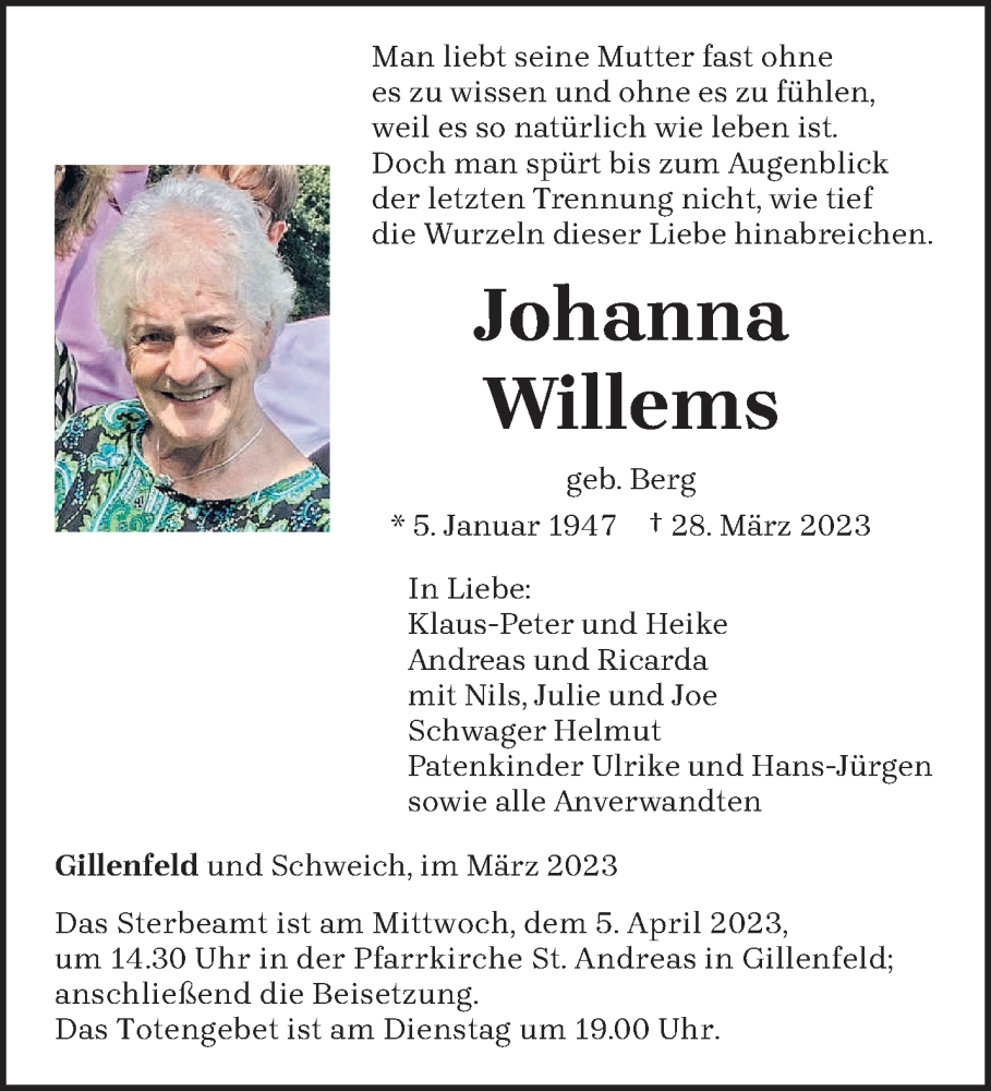  Traueranzeige für Johanna Willems vom 01.04.2023 aus trierischer_volksfreund
