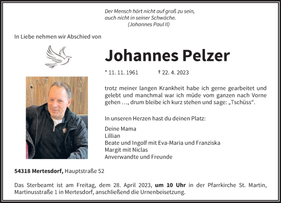 Traueranzeige von Johannes Pelzer von trierischer_volksfreund