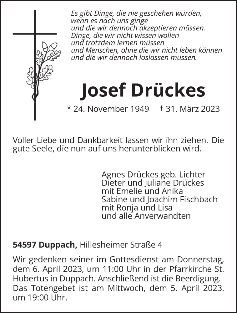  Traueranzeige für Josef Drückes vom 04.04.2023 aus trierischer_volksfreund