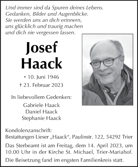 Traueranzeige von Josef Haack von trierischer_volksfreund