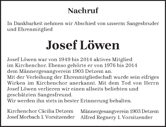 Traueranzeige von Josef Löwen von trierischer_volksfreund