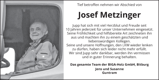 Traueranzeige von Josef Metzinger von trierischer_volksfreund