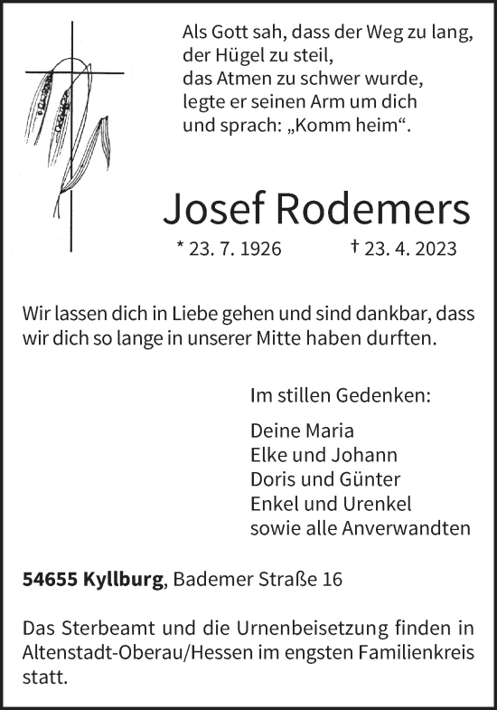 Traueranzeige von Josef Rodemers von trierischer_volksfreund