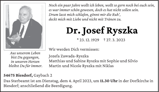 Traueranzeige von Josef Ryszka von trierischer_volksfreund