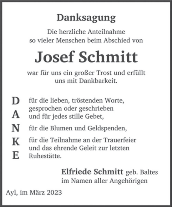 Traueranzeige von Josef Schmitt von trierischer_volksfreund