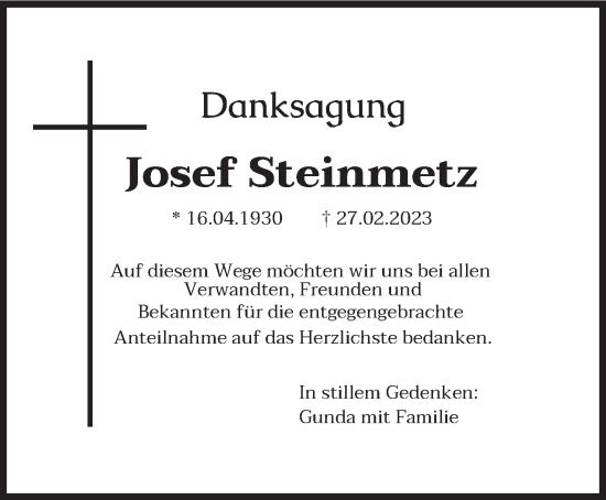 Traueranzeige von Josef Steinmetz von trierischer_volksfreund