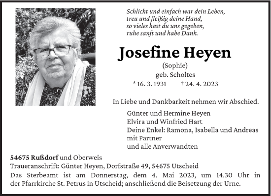 Traueranzeige von Josefine Heyen von trierischer_volksfreund