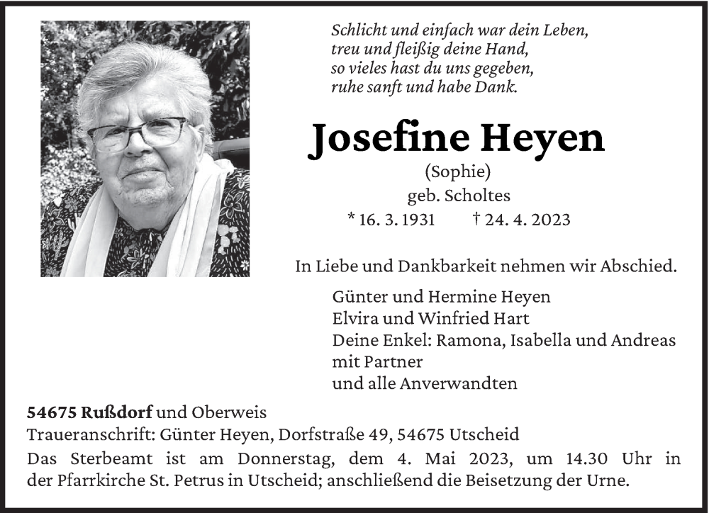  Traueranzeige für Josefine Heyen vom 29.04.2023 aus trierischer_volksfreund