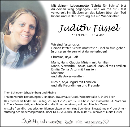 Traueranzeige von Judith Füssel von trierischer_volksfreund