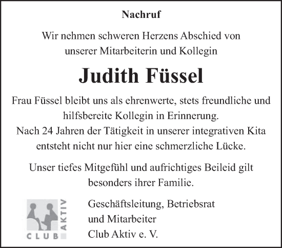 Traueranzeige von Judith Füssel von trierischer_volksfreund