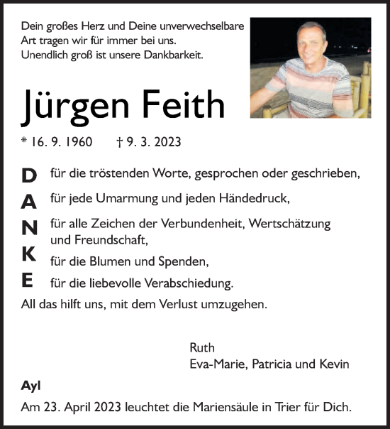Traueranzeige von Jürgen Feith von trierischer_volksfreund