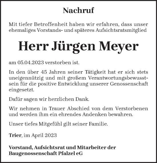 Traueranzeige von Jürgen Meyer von trierischer_volksfreund
