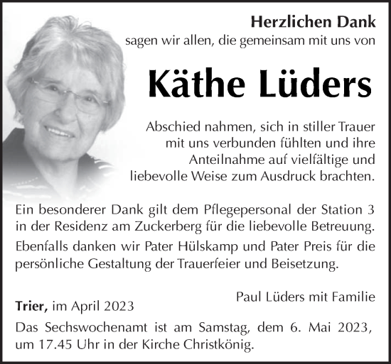 Traueranzeige von Käthe Lüders von trierischer_volksfreund