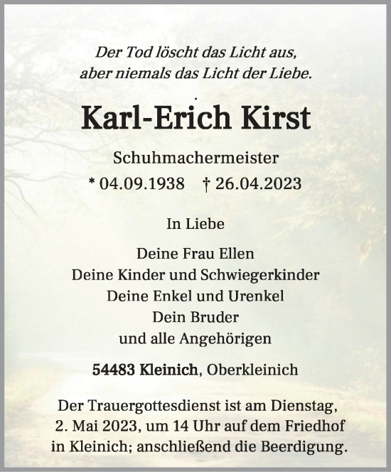 Traueranzeige von Karl-Erich Kirst von trierischer_volksfreund