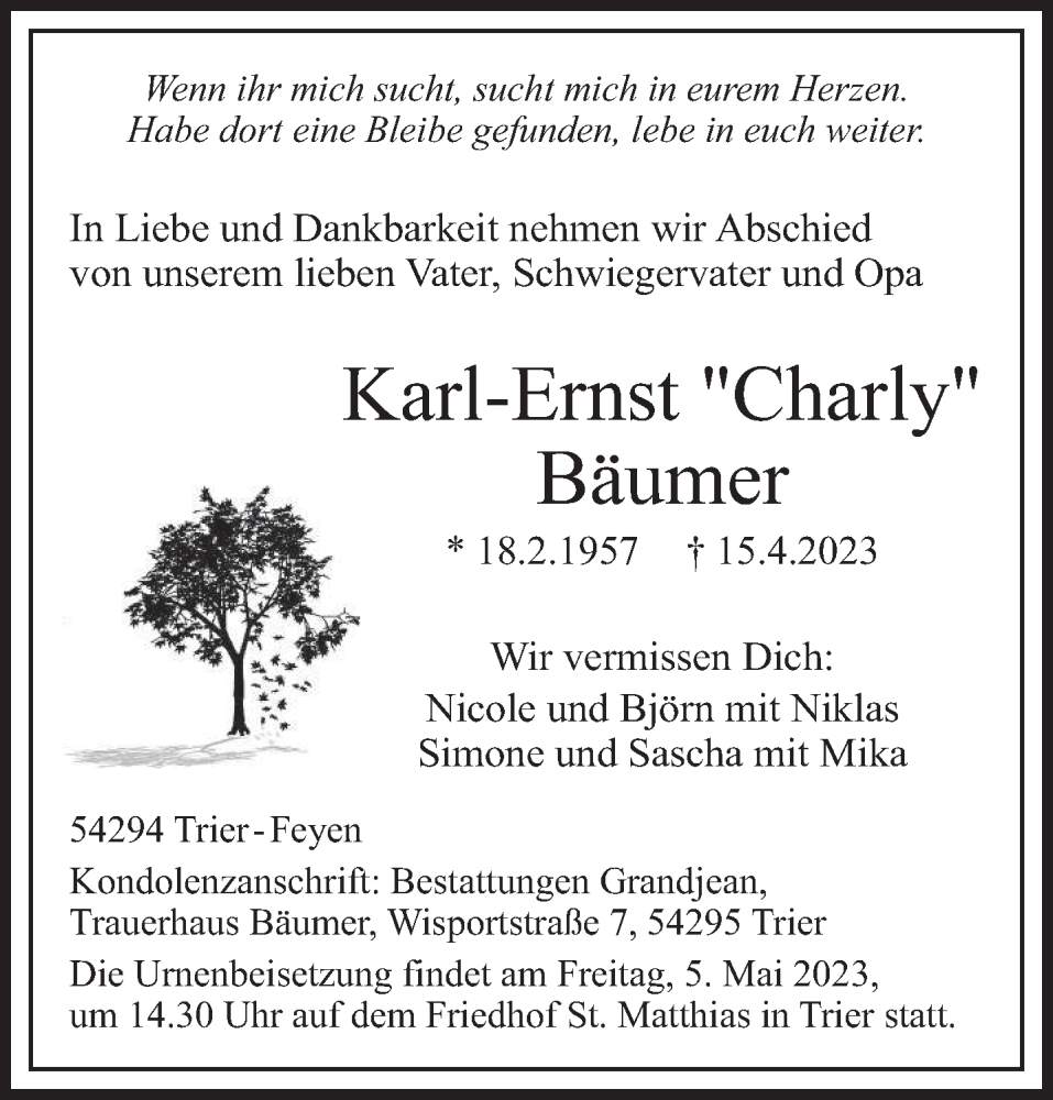  Traueranzeige für Karl-Ernst Bäumer vom 29.04.2023 aus trierischer_volksfreund