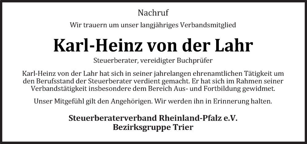  Traueranzeige für Karl-Heinz von der Lahr vom 22.04.2023 aus trierischer_volksfreund