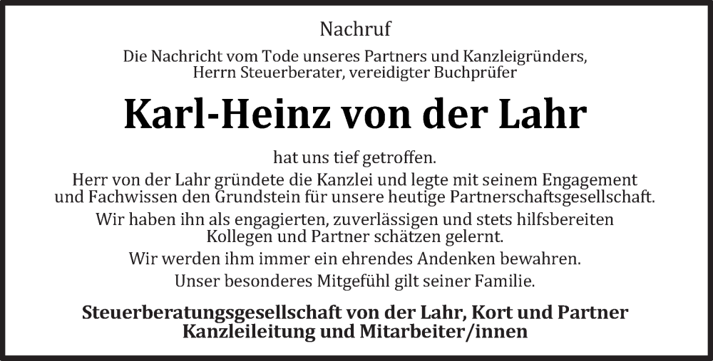  Traueranzeige für Karl-Heinz von der Lahr vom 22.04.2023 aus trierischer_volksfreund