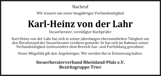 Traueranzeige von Karl-Heinz von der Lahr von trierischer_volksfreund