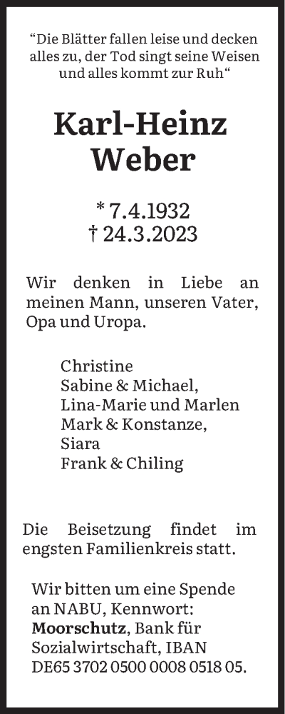 Traueranzeige von Karl-Heinz Weber von trierischer_volksfreund