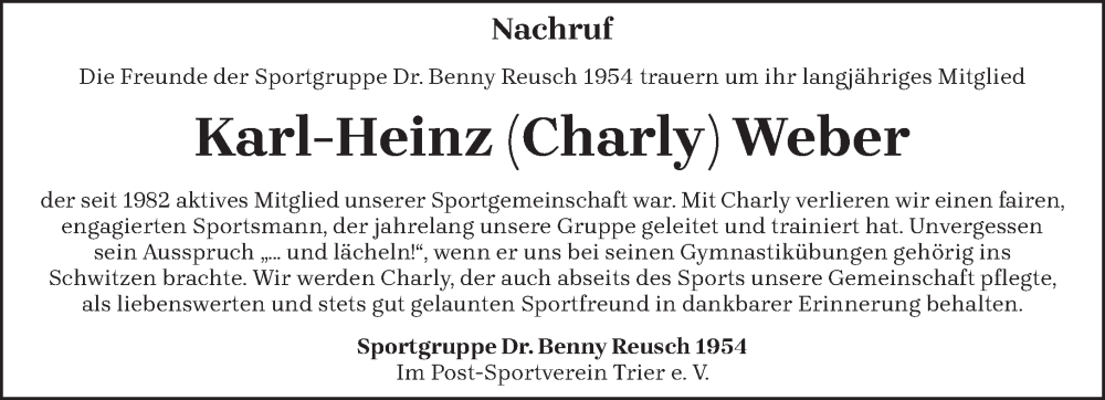  Traueranzeige für Karl-Heinz Weber vom 01.04.2023 aus trierischer_volksfreund