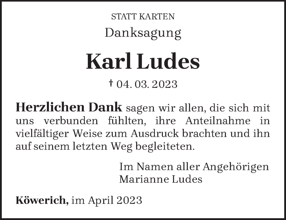  Traueranzeige für Karl Ludes vom 22.04.2023 aus trierischer_volksfreund