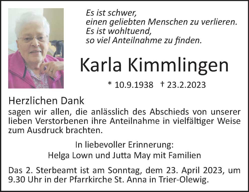  Traueranzeige für Karla Kimmlingen vom 15.04.2023 aus trierischer_volksfreund