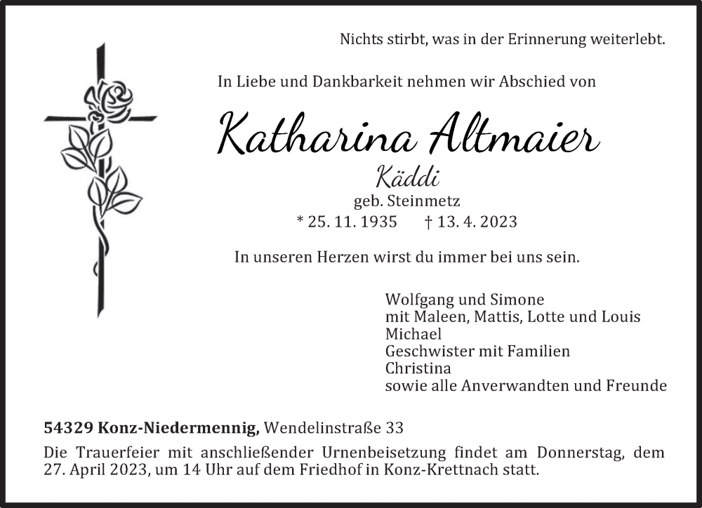  Traueranzeige für Katharina Altmaier vom 22.04.2023 aus trierischer_volksfreund