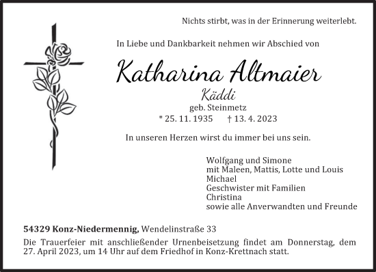 Traueranzeige von Katharina Altmaier von trierischer_volksfreund
