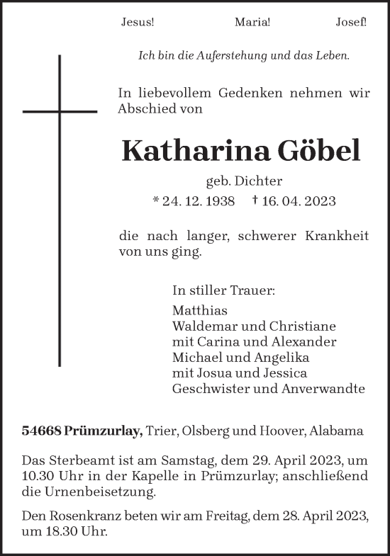 Traueranzeige von Katharina Göbel von trierischer_volksfreund