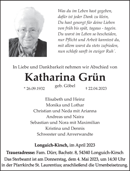 Traueranzeige von Katharina Grün von trierischer_volksfreund