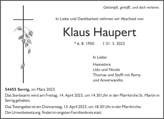 Traueranzeige von Klaus Haupert von trierischer_volksfreund
