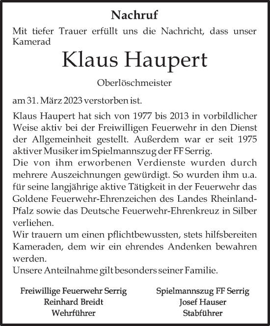 Traueranzeige von Klaus Haupert von trierischer_volksfreund