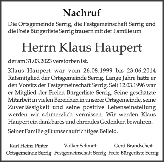 Traueranzeige von Klaus Haupert von trierischer_volksfreund