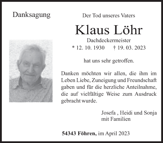 Traueranzeige von Klaus Löhr von trierischer_volksfreund
