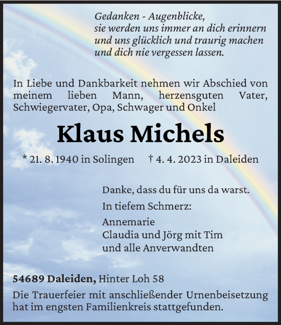 Traueranzeige von Klaus Michels von trierischer_volksfreund