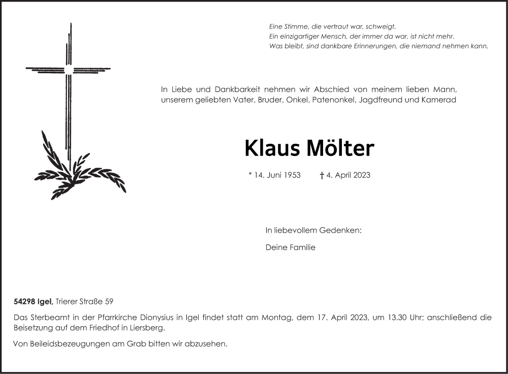  Traueranzeige für Klaus Mölter vom 08.04.2023 aus trierischer_volksfreund
