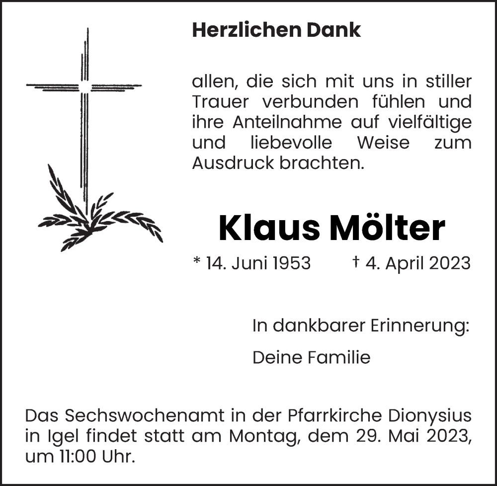  Traueranzeige für Klaus Mölter vom 29.04.2023 aus trierischer_volksfreund
