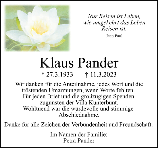 Traueranzeige von Klaus Pander von trierischer_volksfreund