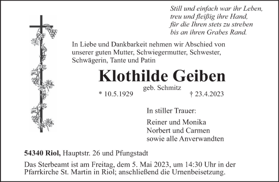 Traueranzeige von Klothilde Geiben von trierischer_volksfreund