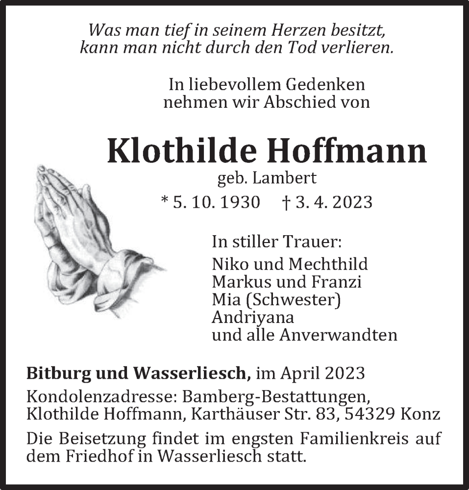  Traueranzeige für Klothilde Hoffmann vom 08.04.2023 aus trierischer_volksfreund