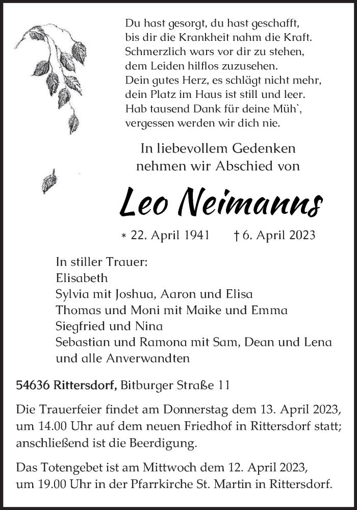  Traueranzeige für Leo Neimanns vom 08.04.2023 aus trierischer_volksfreund
