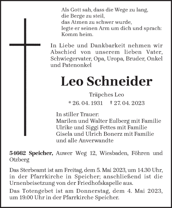 Traueranzeige von Leo Schneider von trierischer_volksfreund